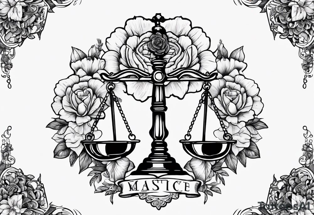 Scales of justice with flowers and a brain and anatomical heart in the scales tattoo idea