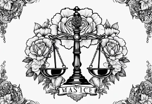 Scales of justice with flowers and a brain and anatomical heart in the scales tattoo idea