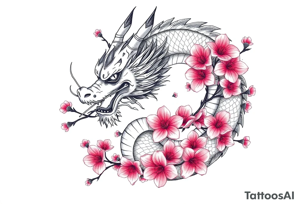 Feminine dragon w cherry blossoms tattoo idea