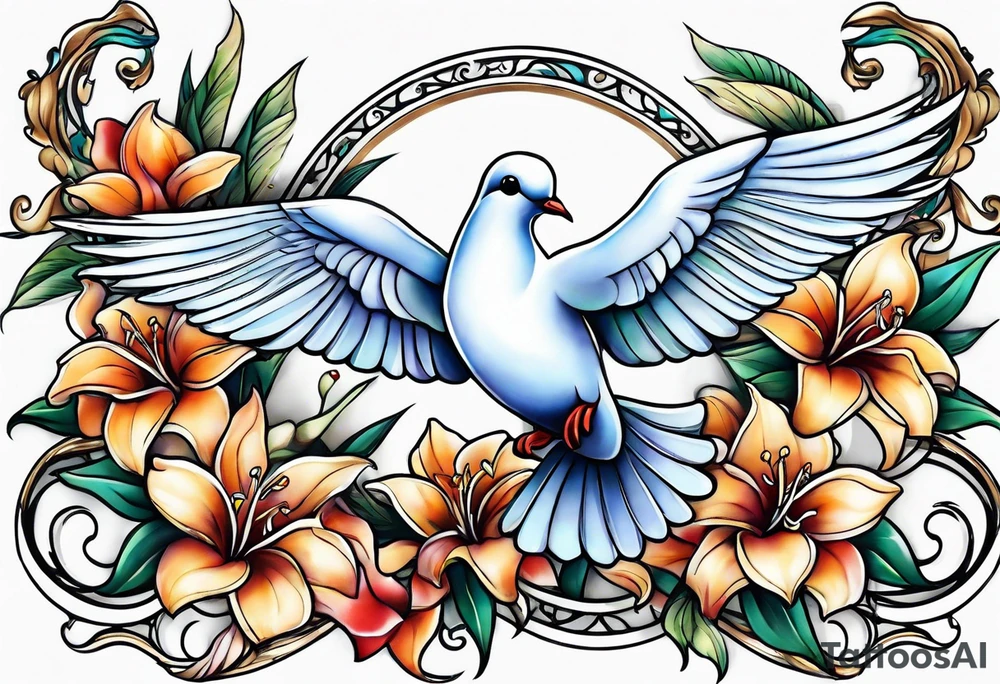 Dove with lily flowers in clouds tattoo idea