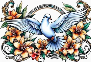 Dove with lily flowers in clouds tattoo idea
