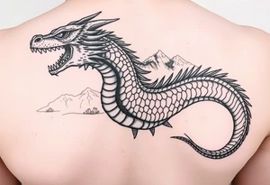 Powerfull Dacian Draco wih mountain Paring Petrosani in the background tattoo idea