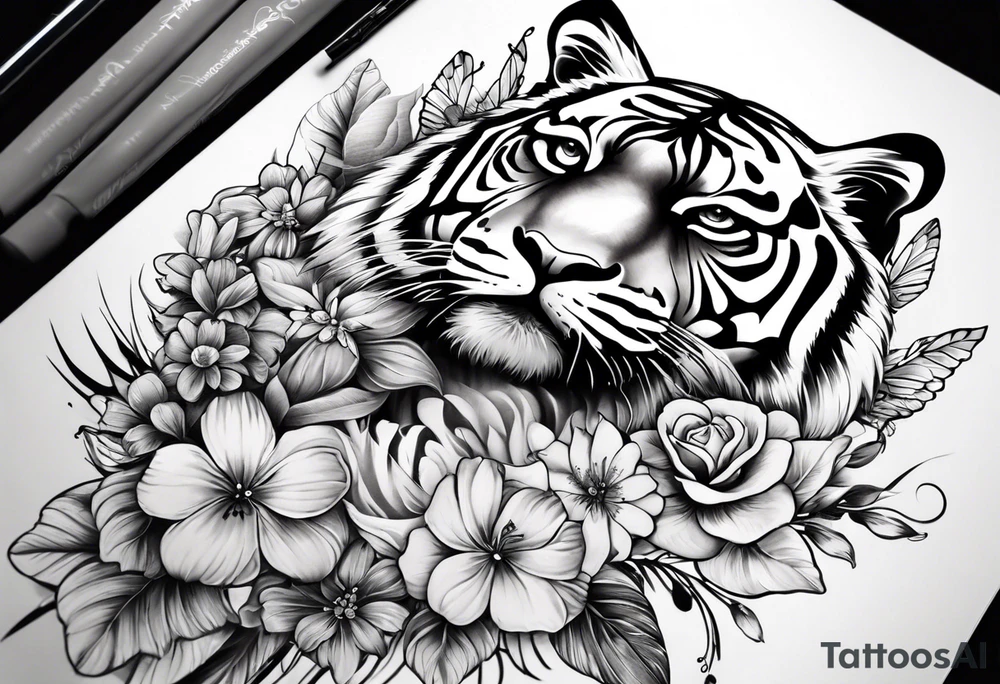 tiger, 3 butterflies, flowers for ladies thigh / hip tattoo idea