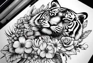 tiger, 3 butterflies, flowers for ladies thigh / hip tattoo idea