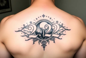 Number 222 surrounded with ying yang and sunset and love and stardust and vibration tattoo idea