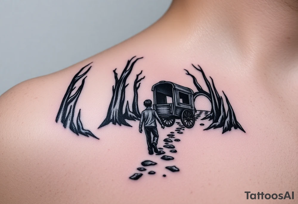 A boy walking up a forest path, DnD inspired, broken down carriage, tavern, glowing tunnel tattoo idea