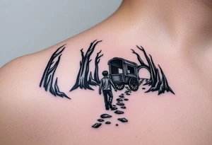 A boy walking up a forest path, DnD inspired, broken down carriage, tavern, glowing tunnel tattoo idea