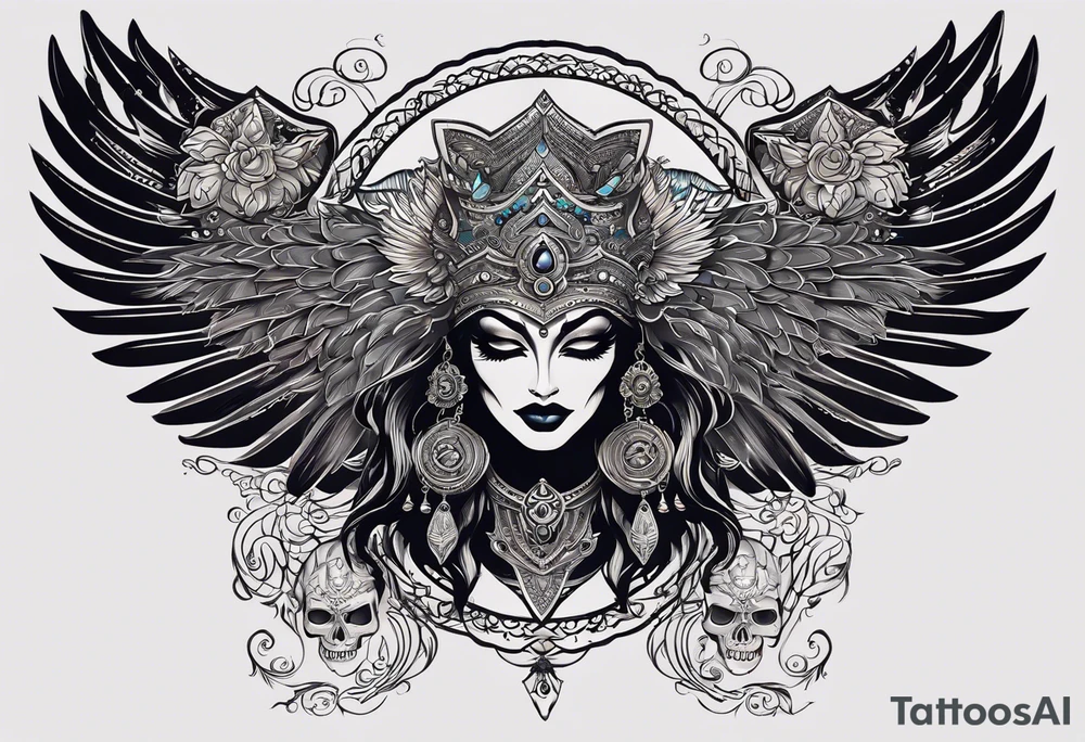 black kali, goddess pirate, alien, angel, pachamama, valkrye, warrior, flying, skull, lotus azul, wing, eagle, zenza resonance, stars, 5D, anahata chakra, death, durga, riding on a tiger tattoo idea