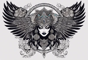 black kali, goddess pirate, alien, angel, pachamama, valkrye, warrior, flying, skull, lotus azul, wing, eagle, zenza resonance, stars, 5D, anahata chakra, death, durga, riding on a tiger tattoo idea