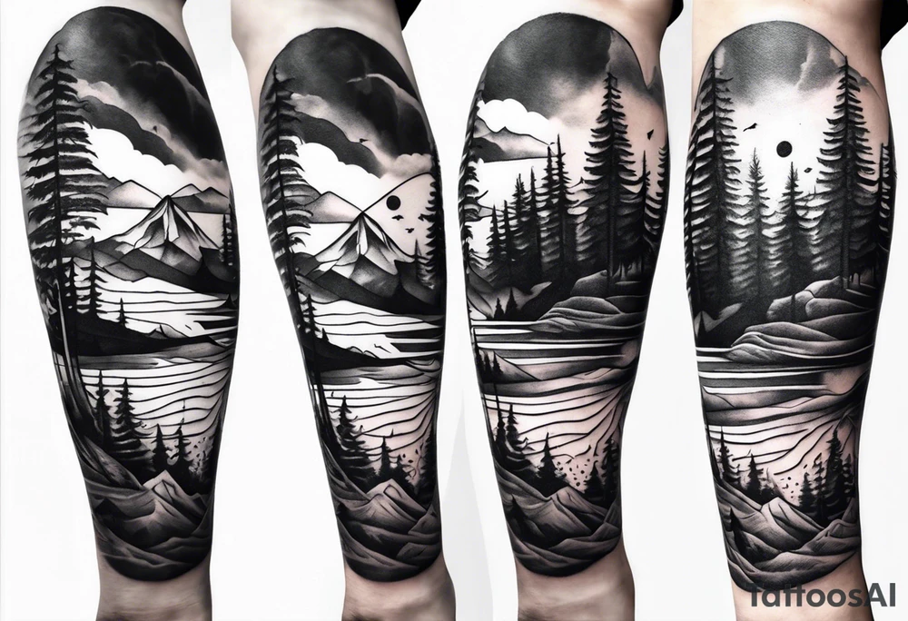 Mountain ocean forest leg sleeve tattoo idea
