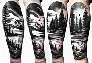 Mountain ocean forest leg sleeve tattoo idea