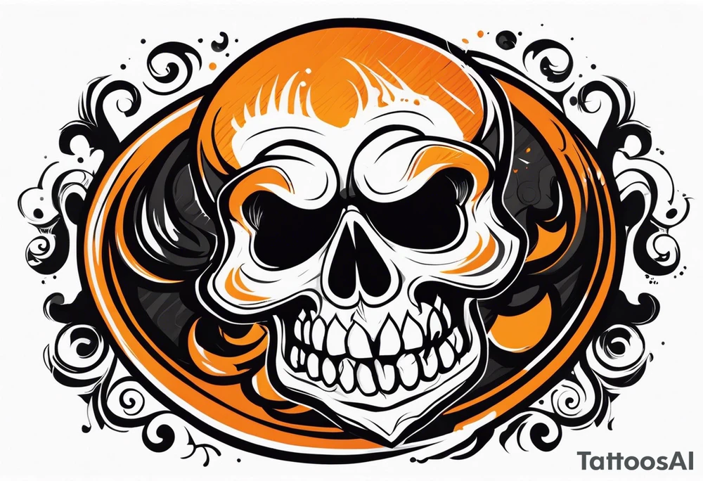 skull laughing black and orange tattoo idea