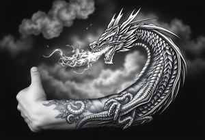 fierce dragon breathing iridescent fire against stormy skies tattoo idea