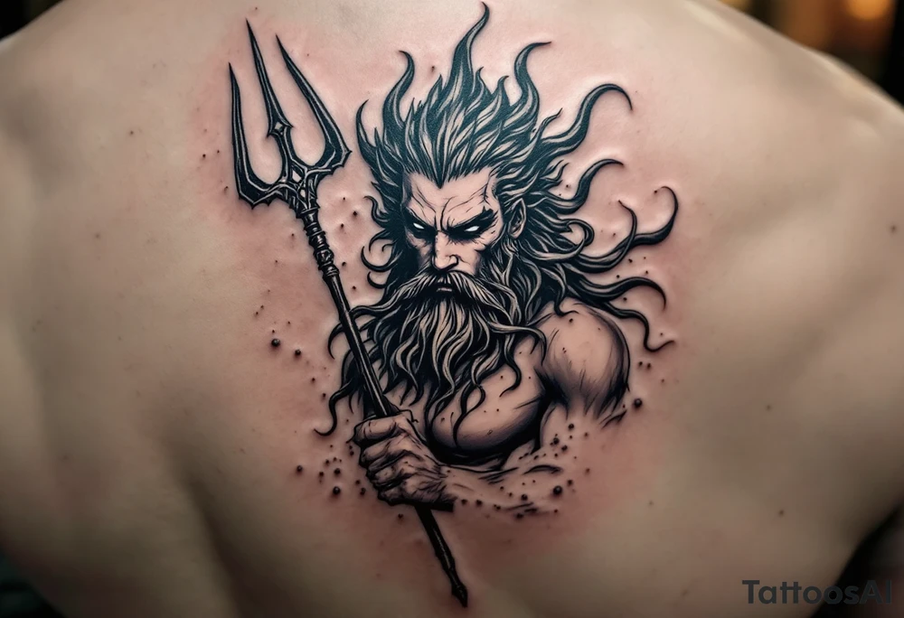 sexy poseidon, with trident, in water tattoo idea