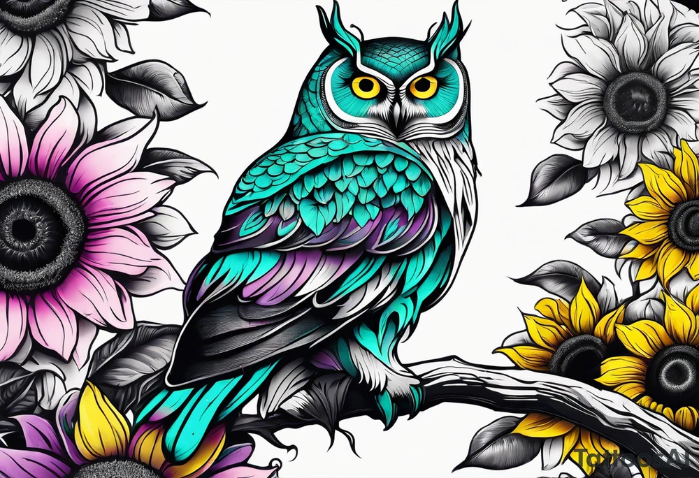 Black and white owl shaded teal, pink and purple surrounded by yellow sunflowers sleeve tattoo idea