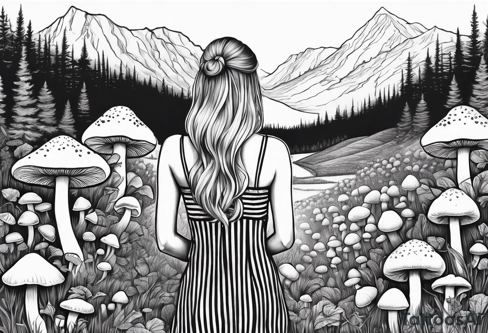Straight long blonde hair girl in distance holding mushrooms in hand facing away toward mountains surrounded by mushrooms black and white striped dress tattoo idea