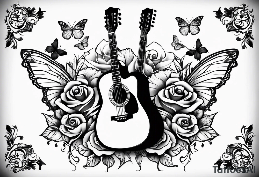 Acoustic guitar with 
roses and butterflies on the right side only tattoo idea