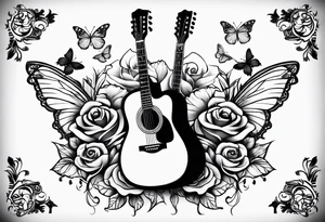 Acoustic guitar with 
roses and butterflies on the right side only tattoo idea
