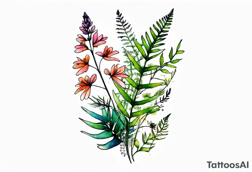 vertical mixed wildflower with ferns and with watercolor tattoo idea