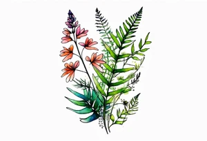 vertical mixed wildflower with ferns and with watercolor tattoo idea