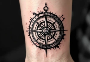 A compass in black and grey realism, with the needle pointing to the son's birthdate in deep red numerals. tattoo idea