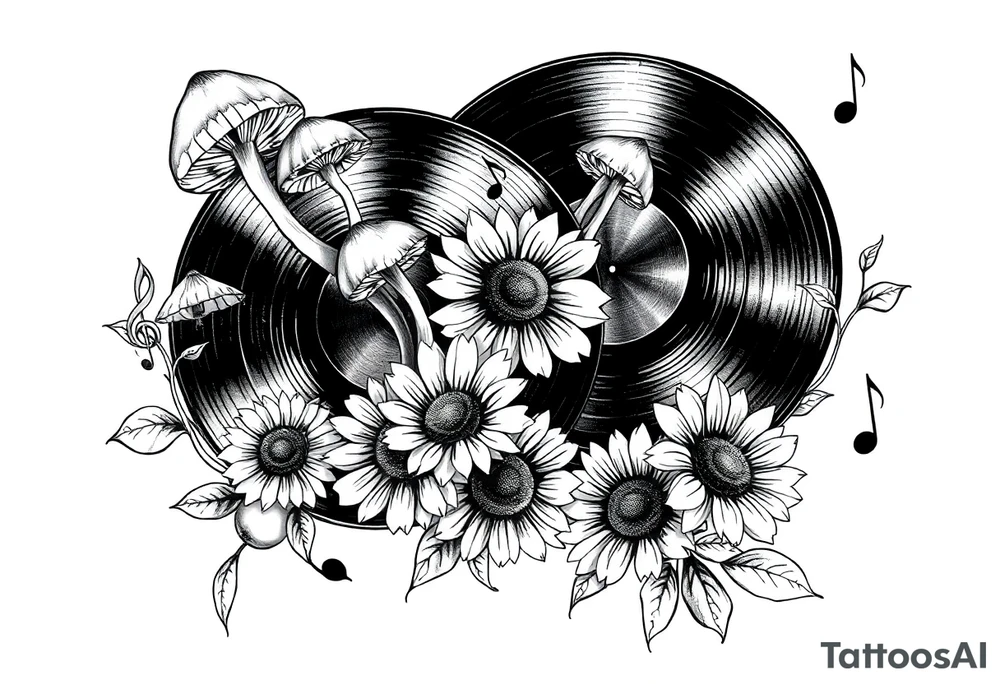 two overlapping vinyl records with mushrooms, sunflowers, and music notes tattoo idea