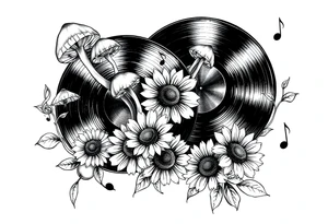 two overlapping vinyl records with mushrooms, sunflowers, and music notes tattoo idea