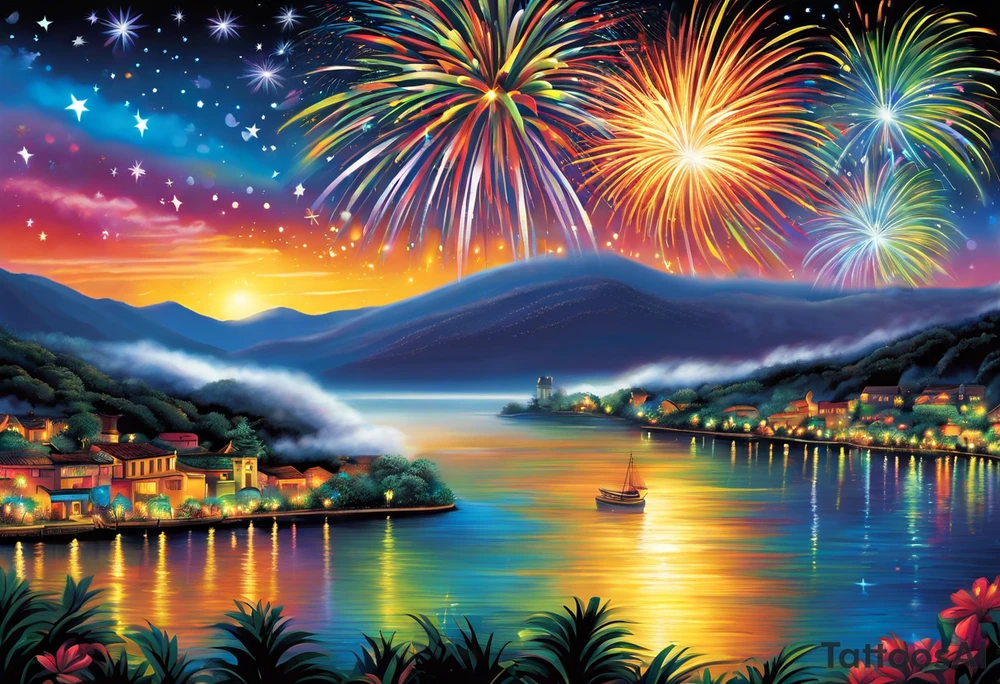 Fireworks burst across the night sky, surrounded by glowing candles and stars, capturing the magic and nostalgia of Colombian December nights. The scene is vibrant with multi-colored lights and an air of celebration. Soft linework mist or halos around the fireworks adds a magical, dreamy quality to the scene. The tattoo reflects joy and tradition, with an emphasis on warmth and festivity. tattoo idea