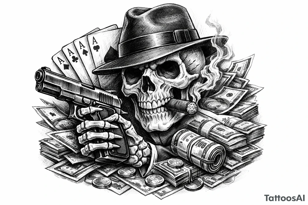 skull with gangster-hat,cigar in his mouth,gun in a skeleton-hand,playing cards,a lot of money. tattoo idea