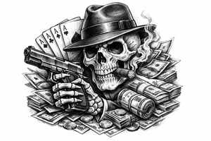 skull with gangster-hat,cigar in his mouth,gun in a skeleton-hand,playing cards,a lot of money. tattoo idea