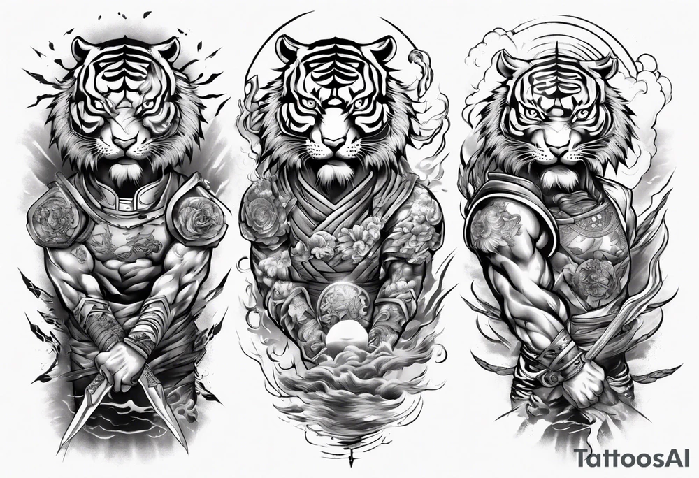 Tiger warrior with lightning and the sun for a forearm sleeve tattoo idea