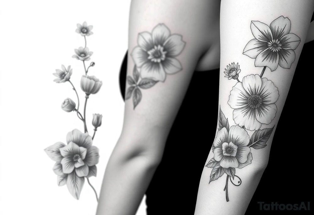 Pin up arm sleeve. With October flower November flower December flower tattoo idea