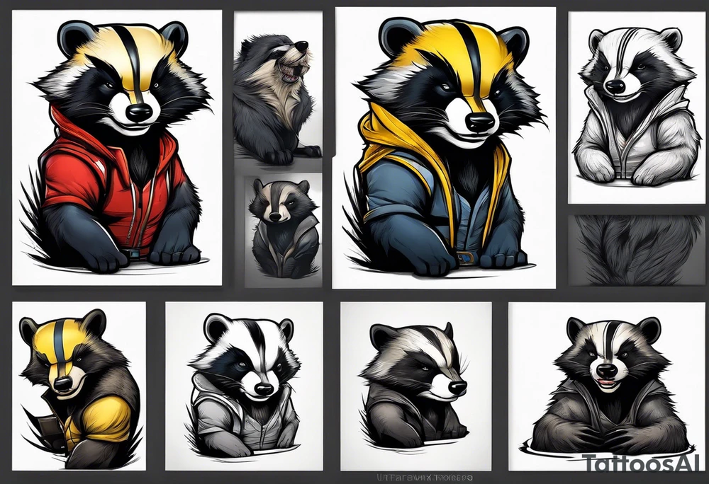 aggressive full body and killer face badger/wolverine with cute smile tattoo idea