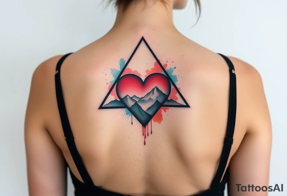 A triangle with a big heart in the center with a travel theme tattoo idea