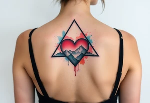 A triangle with a big heart in the center with a travel theme tattoo idea