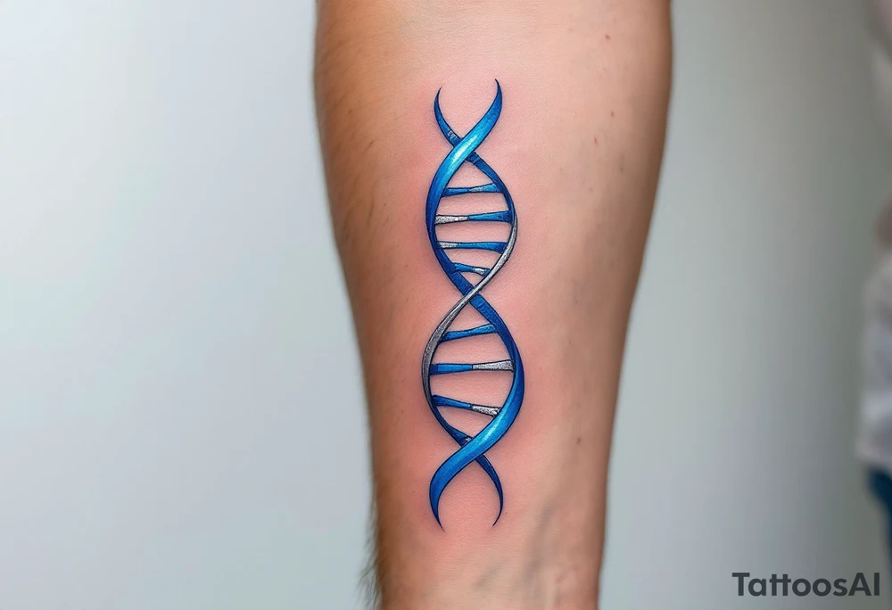 A DNA helix in the form of an infinity, in blue and silver, symbolizing life and legacy. tattoo idea