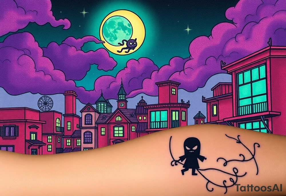 Tim Burton’s haunted pastel Tokyo apartment and dripping with muted reds, dusty pinks, and eerie green glow.purple and cyan smokey clouds swirl in the crescent moonlit sky thats sprinkled with stars tattoo idea tattoo idea