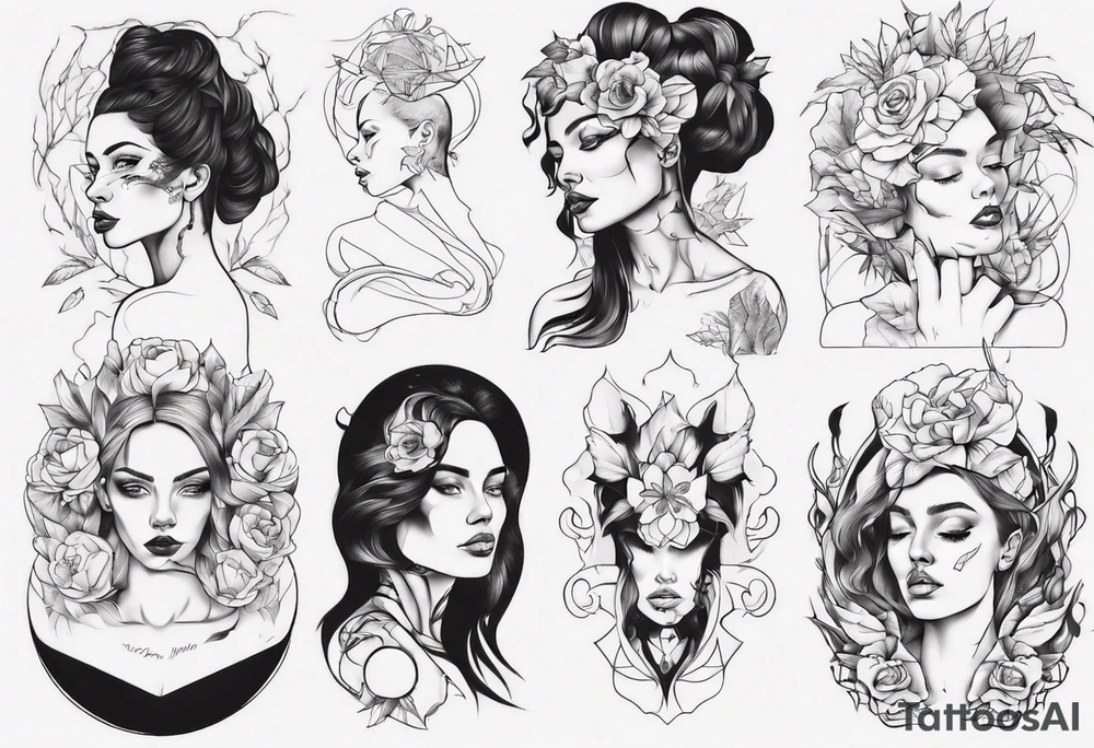 Woman portrait outlined tattoo idea