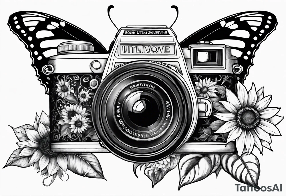 Butterfly, sunflower, camera, book tattoo idea