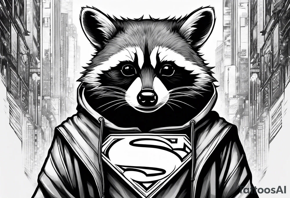 raccoon wearing a Superman hoodie tattoo idea