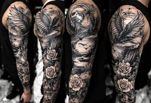 holy jack skellington with wings, fishing, river, roses, palm trees, sun, birds tattoo idea