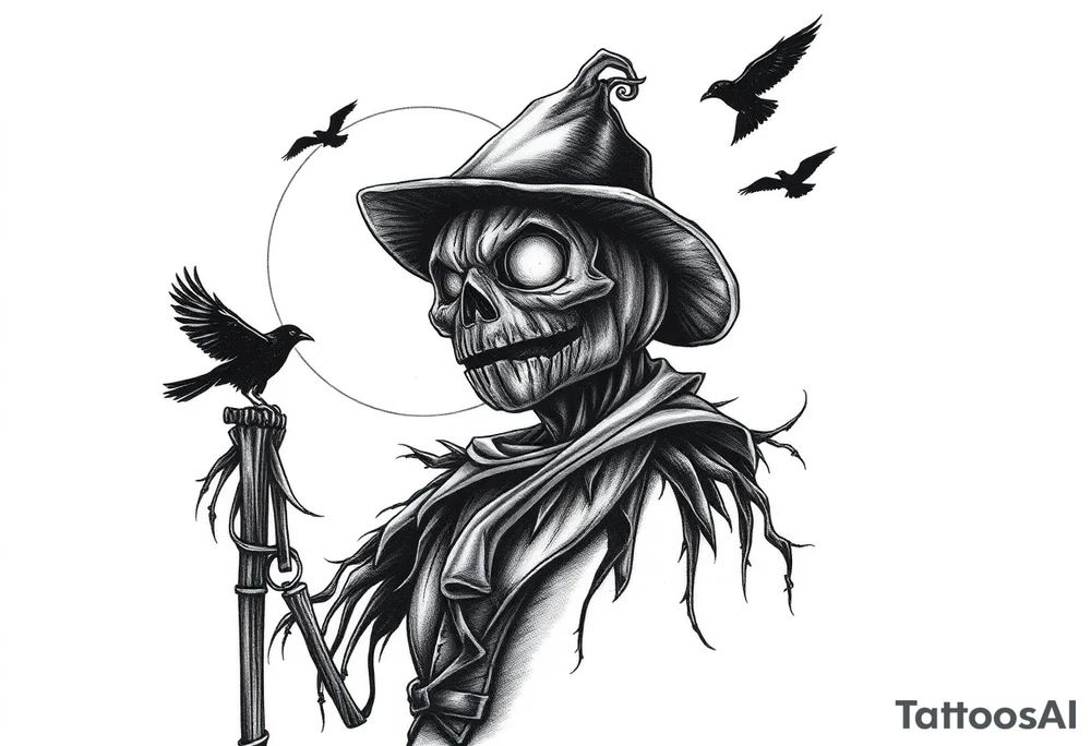 wicked sentinel pumpkin scarecrow. with moonlight in background. crows flying. ornamental fade. realistic very detailed pumpkinhead tattoo idea