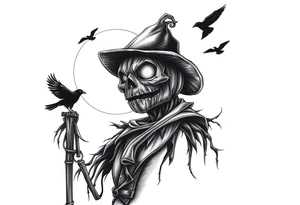 wicked sentinel pumpkin scarecrow. with moonlight in background. crows flying. ornamental fade. realistic very detailed pumpkinhead tattoo idea