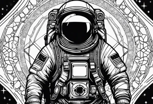 Astronaut floating in space with sacred geometry and hexagonal shapes tattoo idea