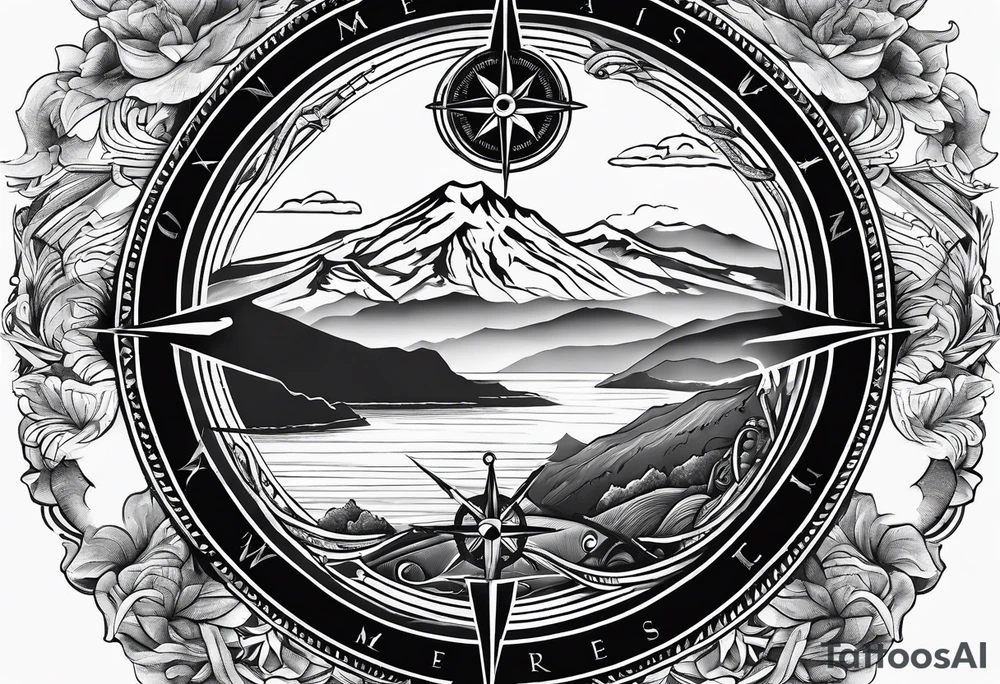 azores islands map, compass, mountain, carabiner & knot, tuna tattoo idea