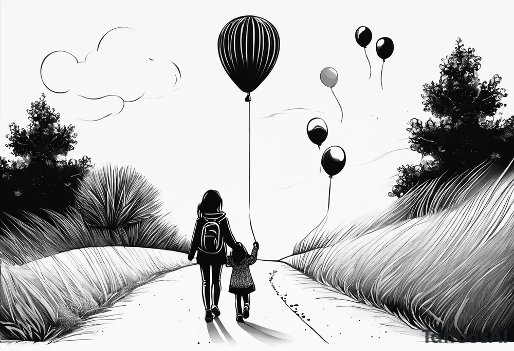 My daughter and I are walking with our backs turned, hopping. My daughter is holding a balloon, and she is 6 years old. I would also like her birthdate, January 12, 2019, to be written tattoo idea