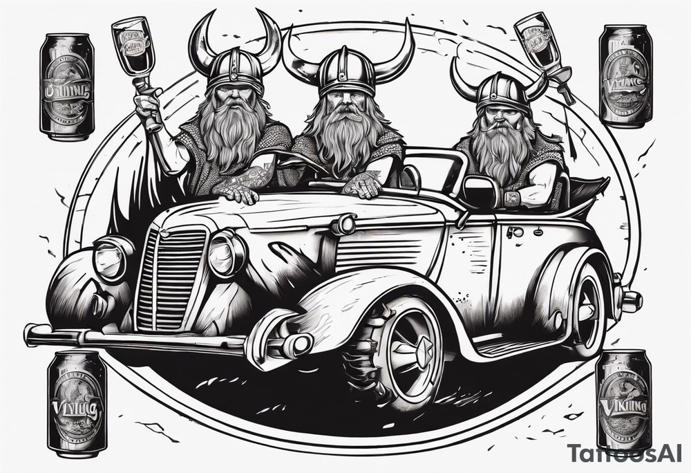 A Viking driving a vintage car holding a beer tattoo idea