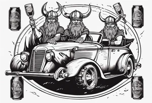 A Viking driving a vintage car holding a beer tattoo idea