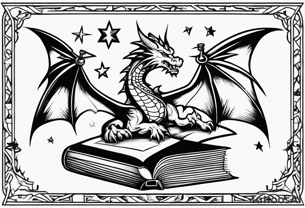 an open fantasy book. a flying dragon with scales and four legs. A pawn chess piece. a sword. Three stars with three mountain peaks tattoo idea