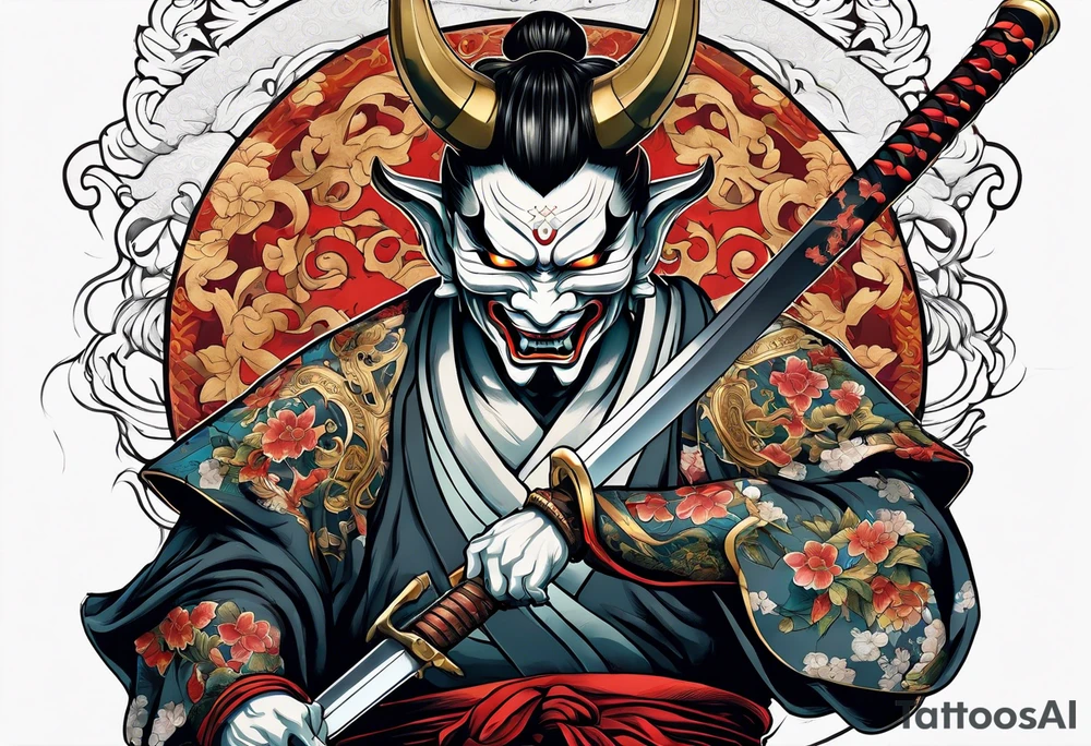 Full body Hannya  holding an ancient katana tattoo idea